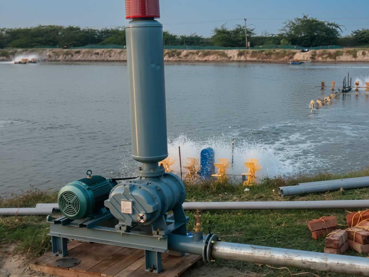 Teknisi sedang melakukan pengecekan dan penanganan rootblower industri yang trouble pada sistem aerasi IPAL