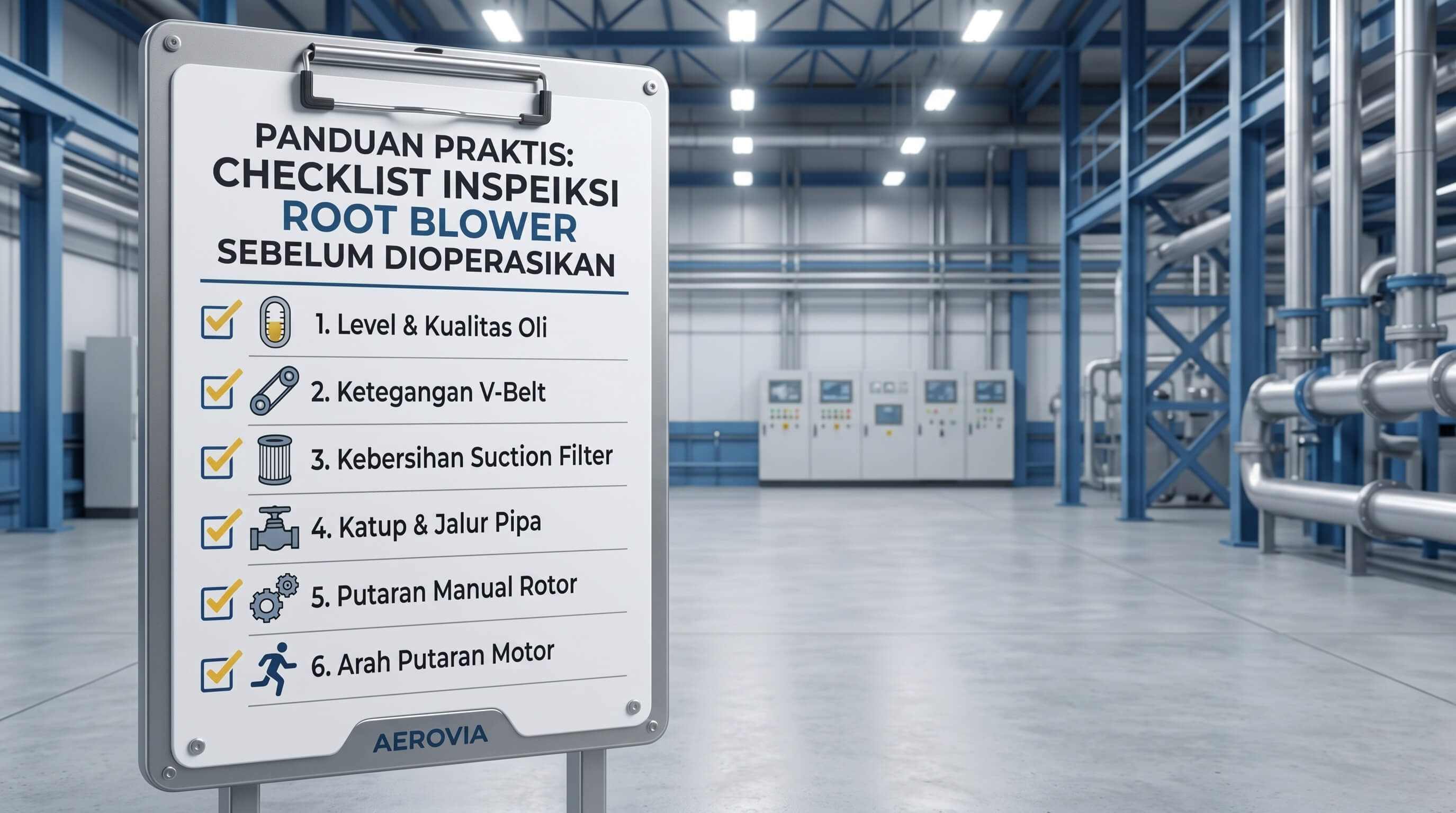 Checklist inspeksi root blower sebelum dioperasikan oleh teknisi maintenance di area IPAL industri
